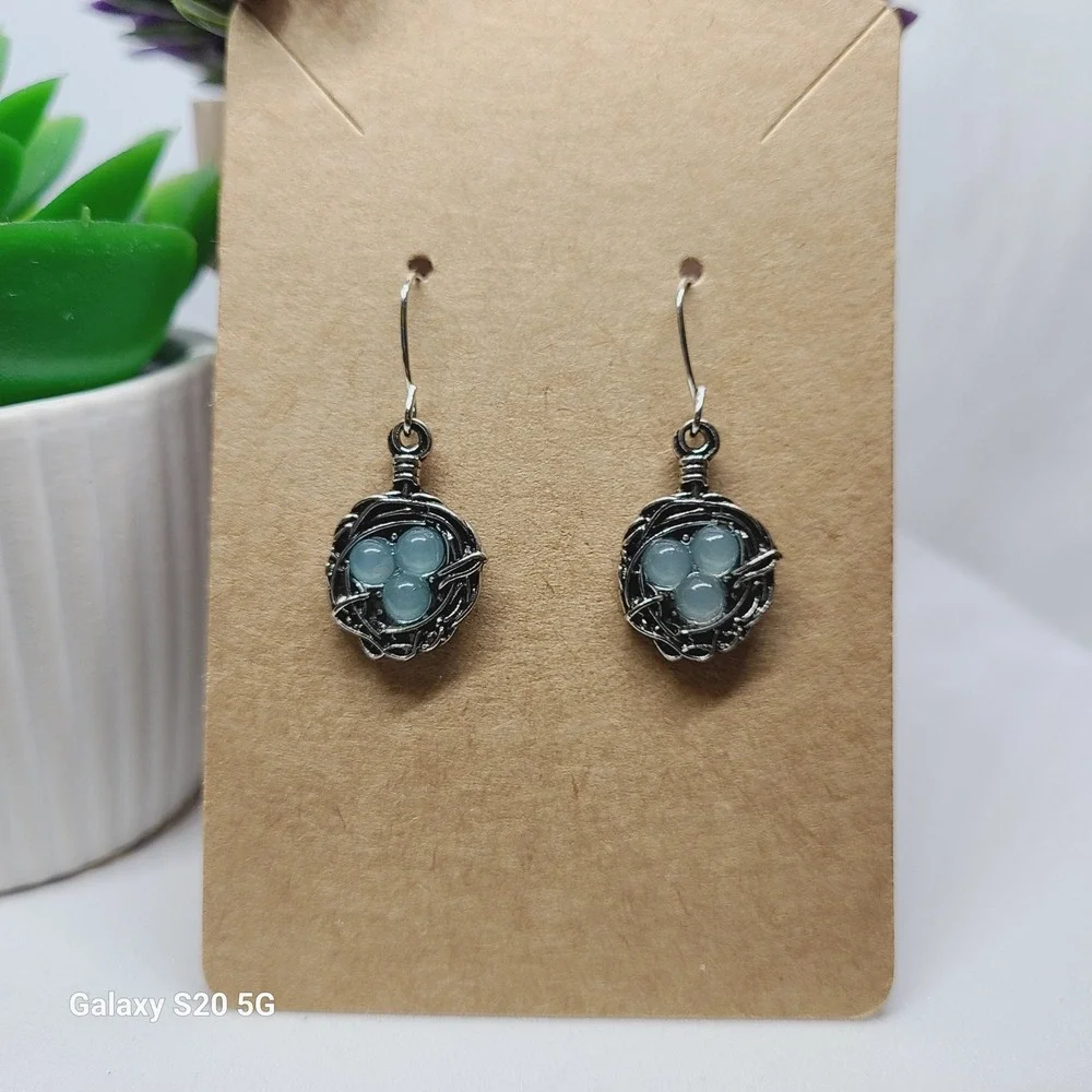 Bird Nest Earrings Blue Eggs Silver Tone‎ Dangle Drop Women's Jewelry NWOT - Picture 2 of 5